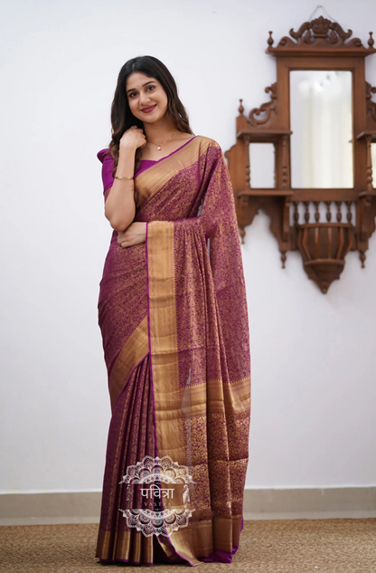Floral Woven Kanjeevaram Saree with Contrast Border