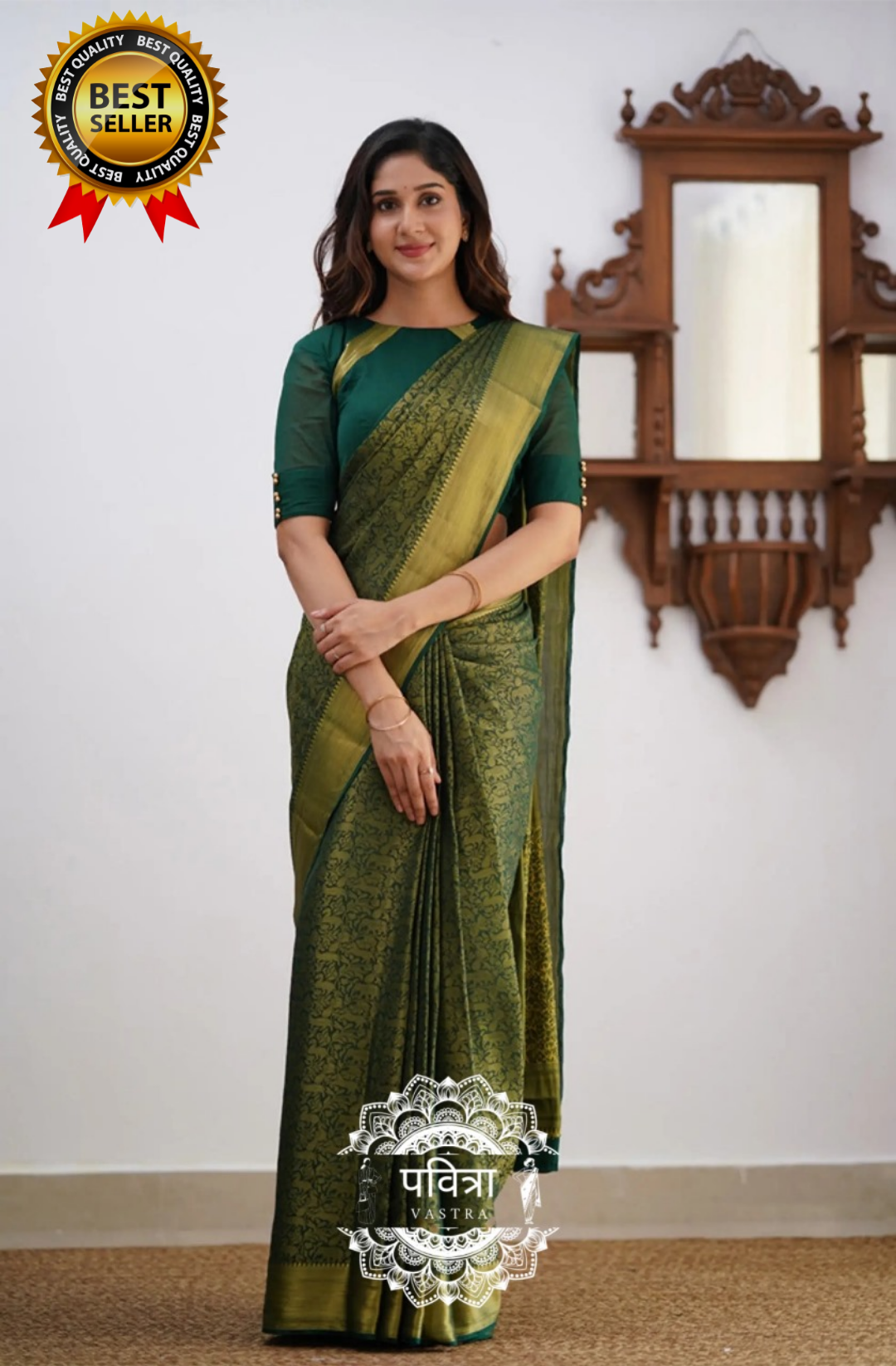 Floral Woven Kanjeevaram Saree with Contrast Border  For Women