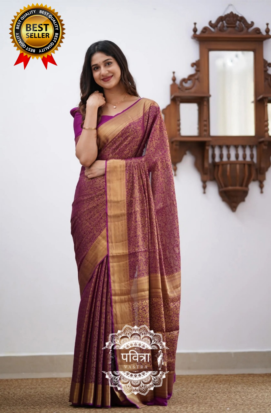 Floral Woven Kanjeevaram Saree with Contrast Border