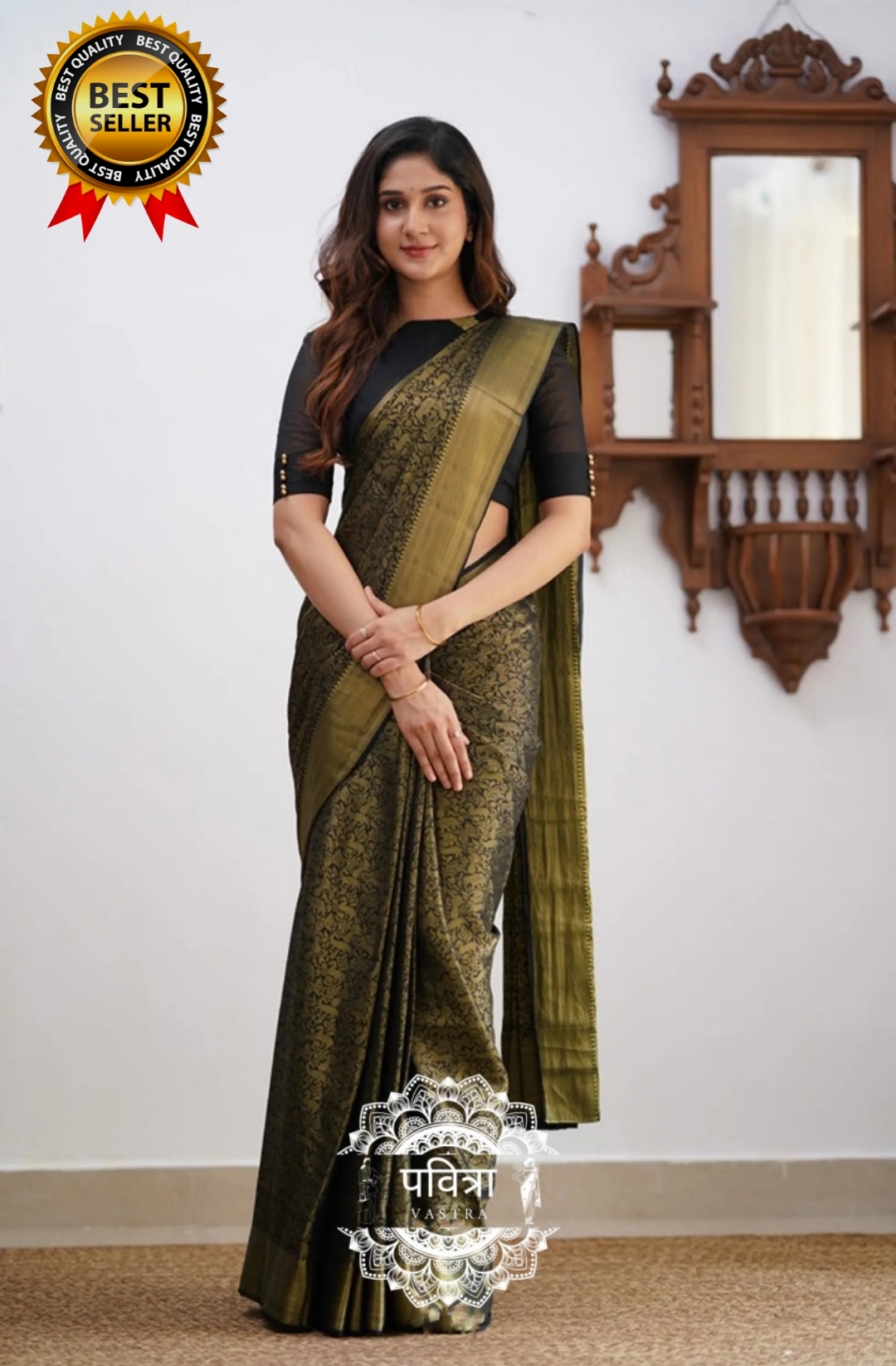 Floral Woven Kanjivaram Saree with Contrast Border  For Women