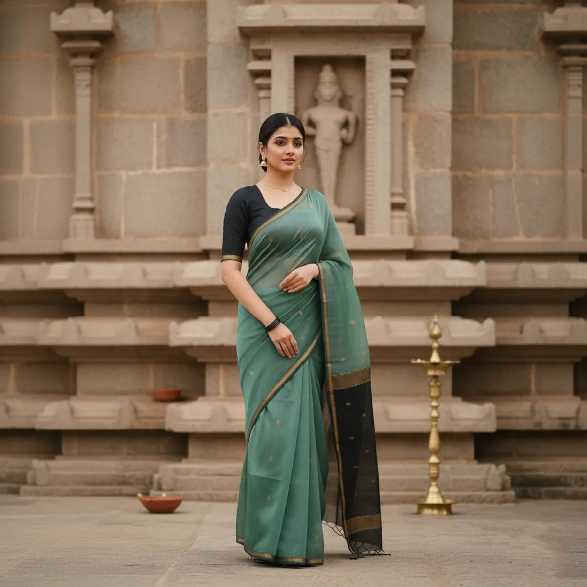Maheshwari Silk Cotton Saree - Dull Teal Green And Black