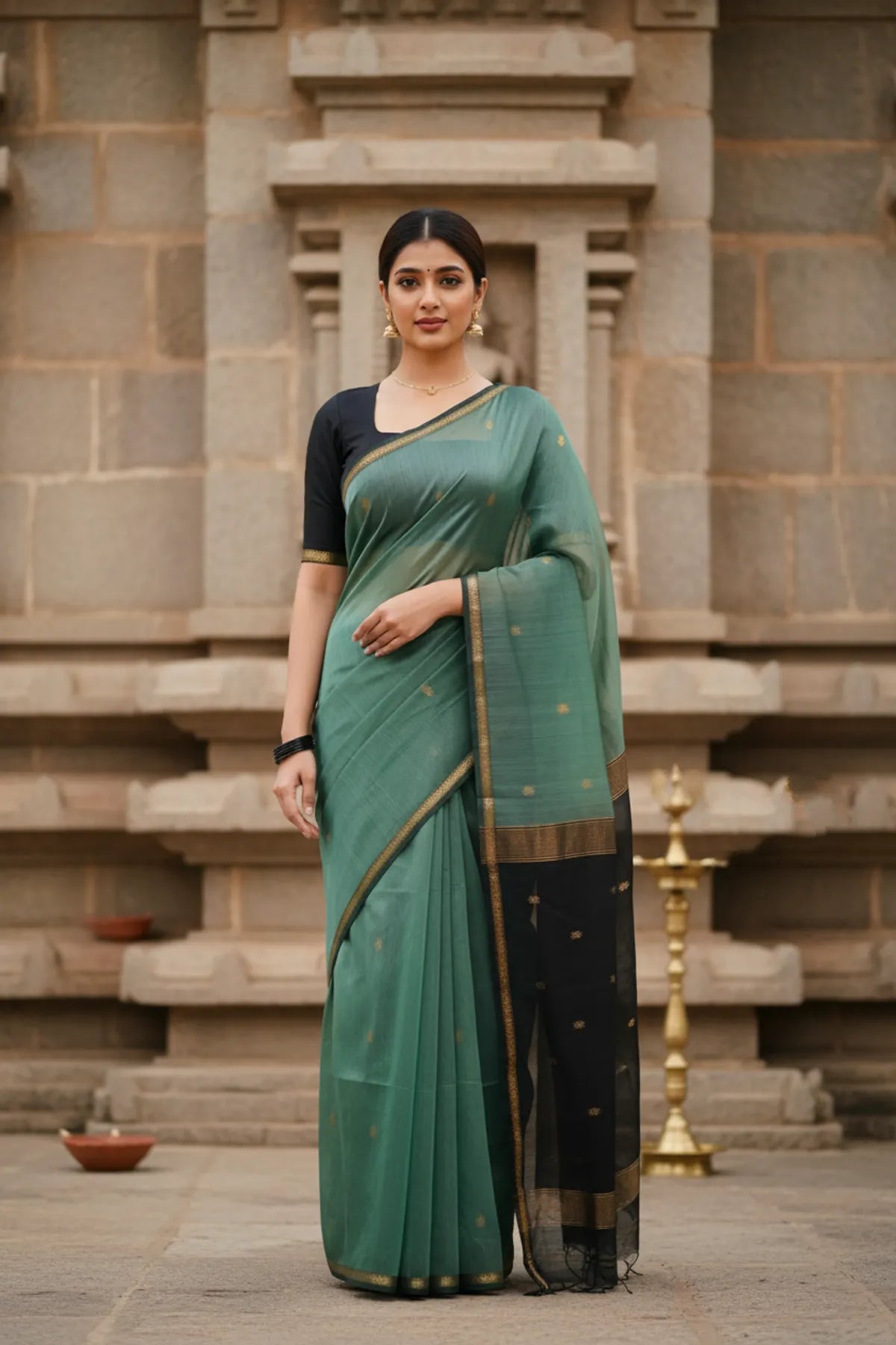 Maheshwari Silk Cotton Saree - Dull Teal Green And Black