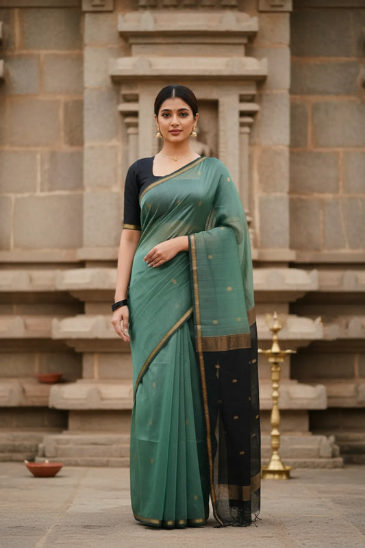 Maheshwari Silk Cotton Saree - Dull Teal Green And Black