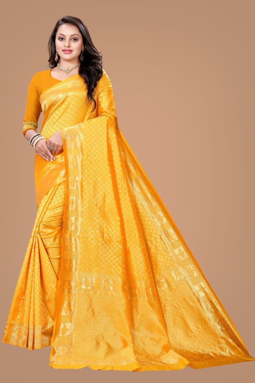 Gold Yellow Kanjivaram Soft Silk Banarasi Style Saree With Unstitching Blouse Piece For Women