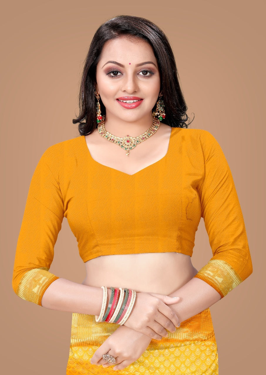 Gold Yellow Kanjivaram Soft Silk Banarasi Style Saree With Unstitching Blouse Piece For Women