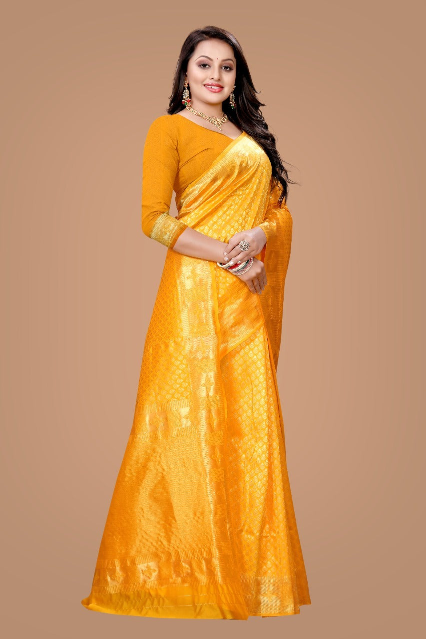 Gold Yellow Kanjivaram Soft Silk Banarasi Style Saree With Unstitching Blouse Piece For Women