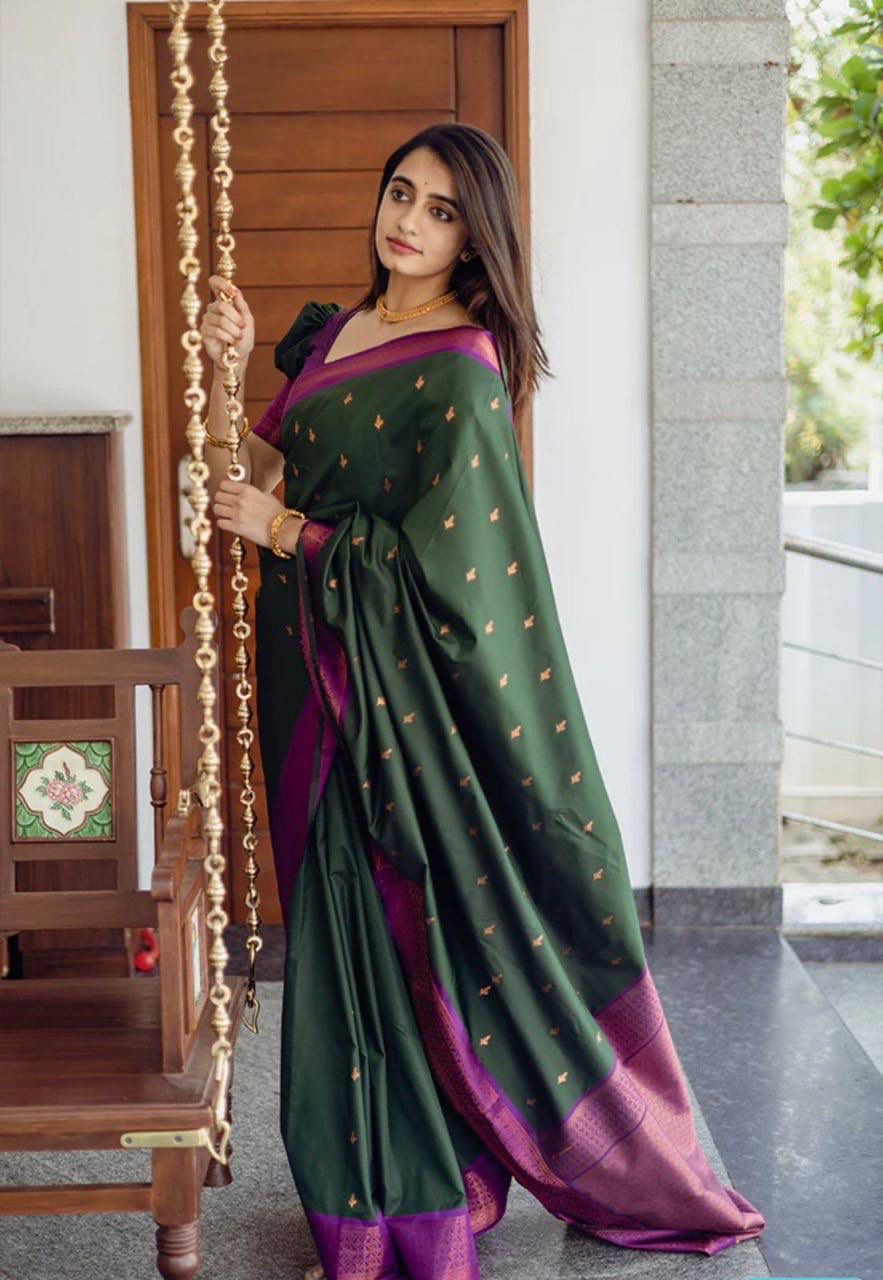 Dark Green Present Banarasi Soft Lichi Silk Saree Beautiful Jacquard Rich Pallu Design Work Zari Woven Kanjivaram Silk Style Saree With Soft Lichi Silk Blouse Piece Ayn Royal Dark Green Butti