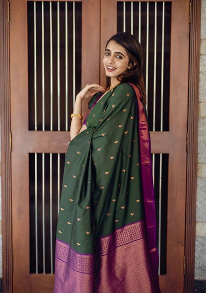 Dark Green Present Banarasi Soft Lichi Silk Saree Beautiful Jacquard Rich Pallu Design Work Zari Woven Kanjivaram Silk Style Saree With Soft Lichi Silk Blouse Piece Ayn Royal Dark Green Butti