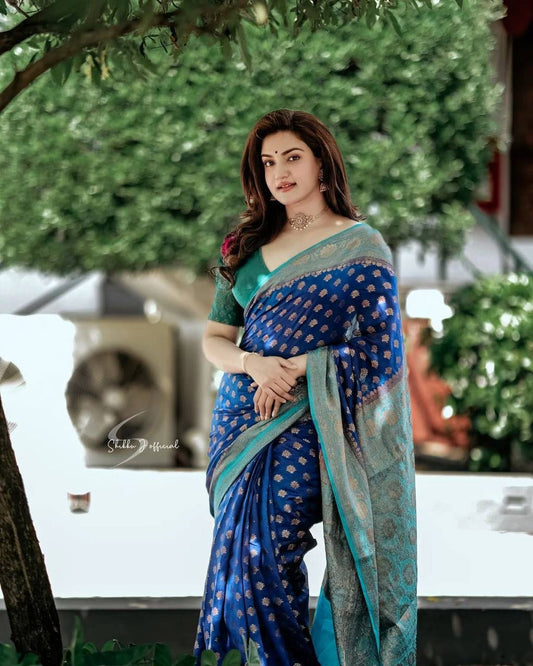 Blue Self Design Kanjivaram Pure Soft Lichi Silk Saree With Unstitching Blouse Piece For Women