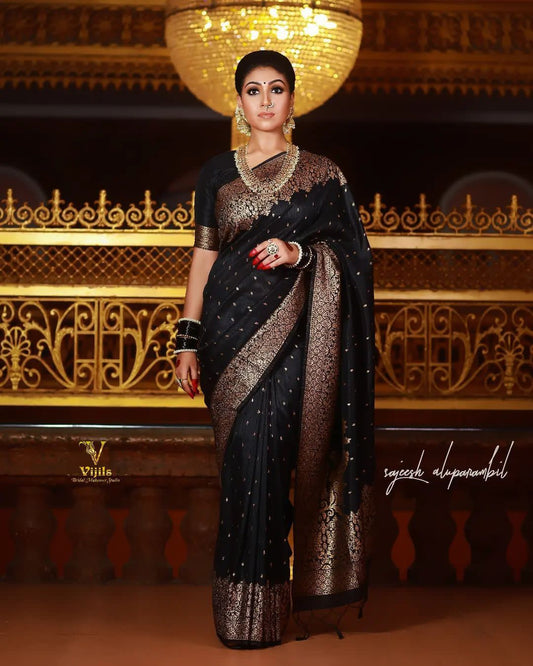 Black Woven Kanjivaram Jacquard Pure Silk Saree With Unstitching Blouse Piece For Women
