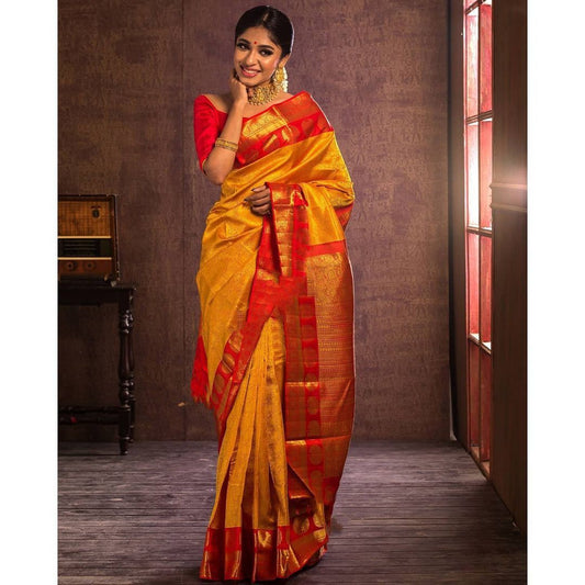 Yellow Woven Bollywood Jacquard Soft Lichi Silk Saree With Unstitching Blouse Piece For Women