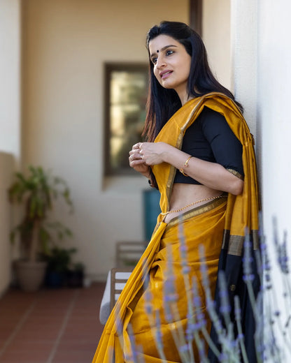 Mustard Yellow Premium Cotton Silk Saree With Classy Blouse And Tassels