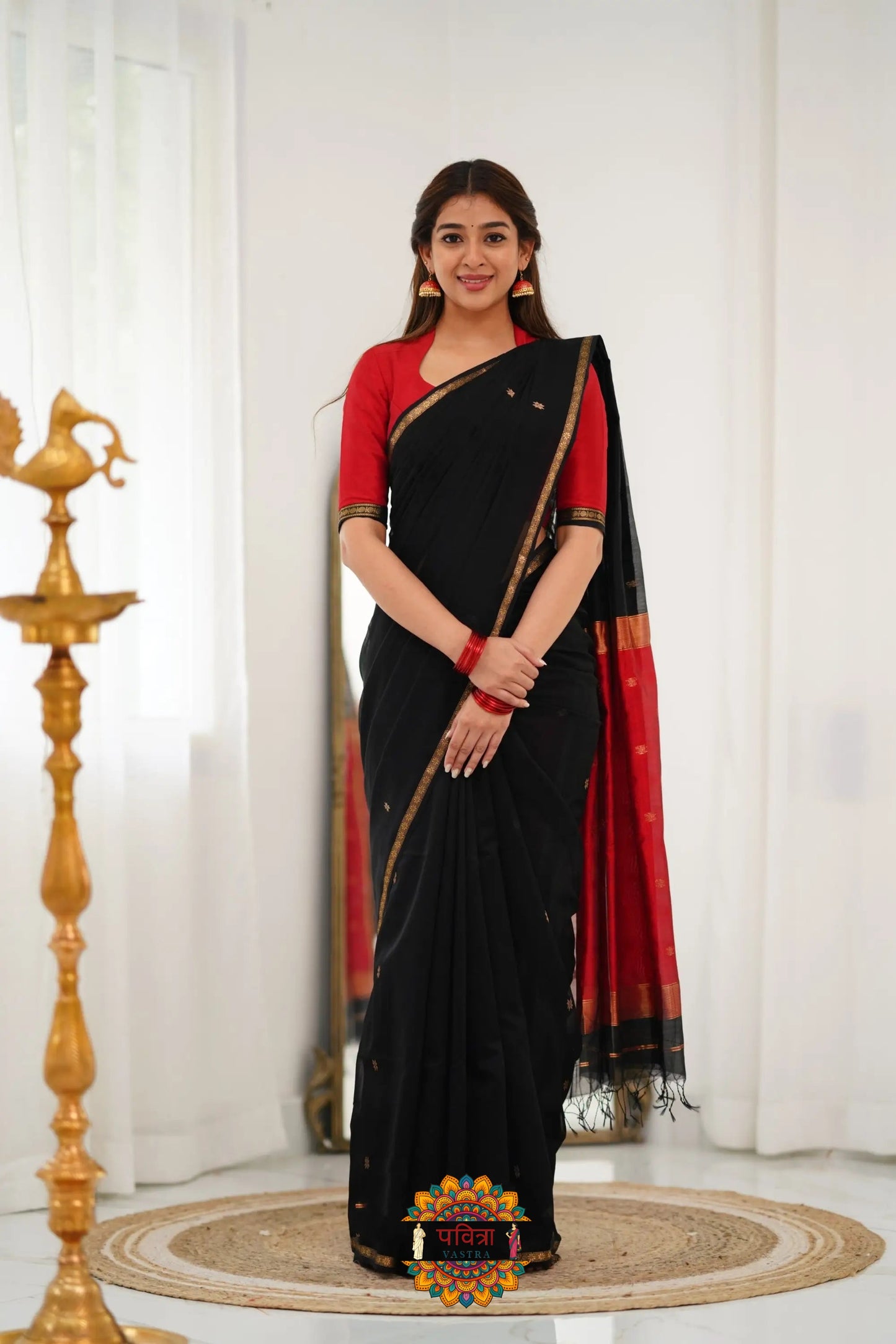 Maheshwari Silk Cotton Saree - BlackAnd Maroonish Red
