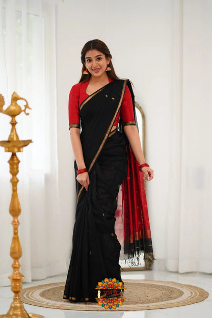 Maheshwari Silk Cotton Saree - BlackAnd Maroonish Red