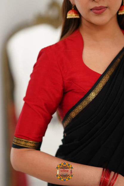 Maheshwari Silk Cotton Saree - BlackAnd Maroonish Red