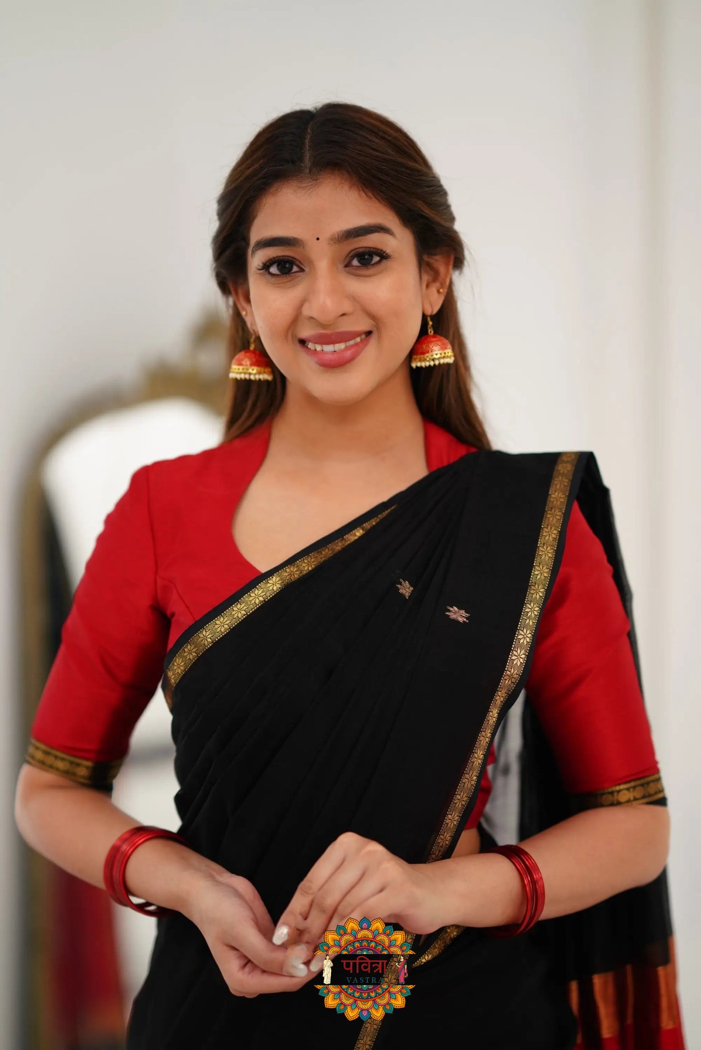 Maheshwari Silk Cotton Saree - BlackAnd Maroonish Red