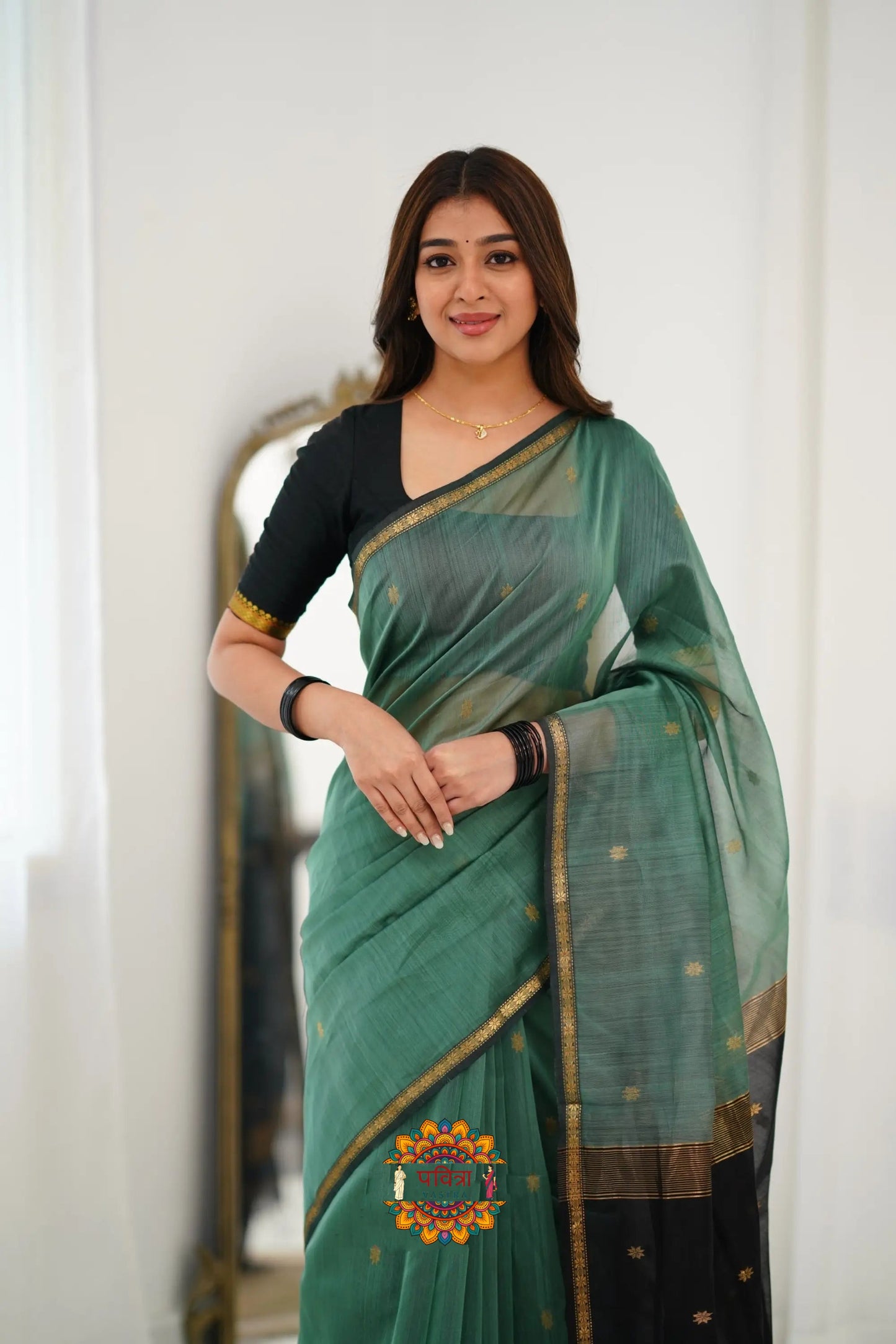 Maheshwari Silk Cotton Saree - Dull Teal Green And Black