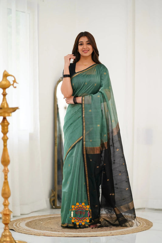 Maheshwari Silk Cotton Saree - Dull Teal Green And Black
