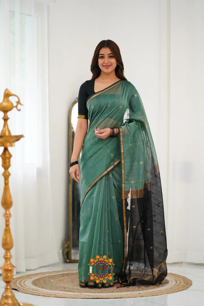 Maheshwari Silk Cotton Saree - Dull Teal Green And Black