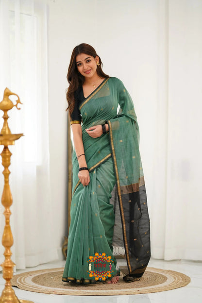 Maheshwari Silk Cotton Saree - Dull Teal Green And Black