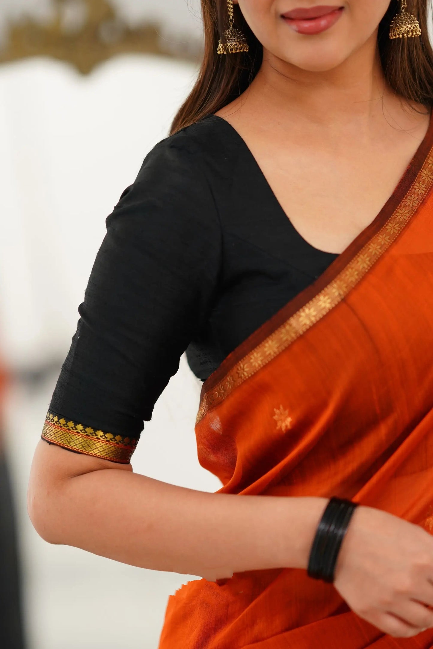 Maheshwari Silk Cotton Saree Orange And Black