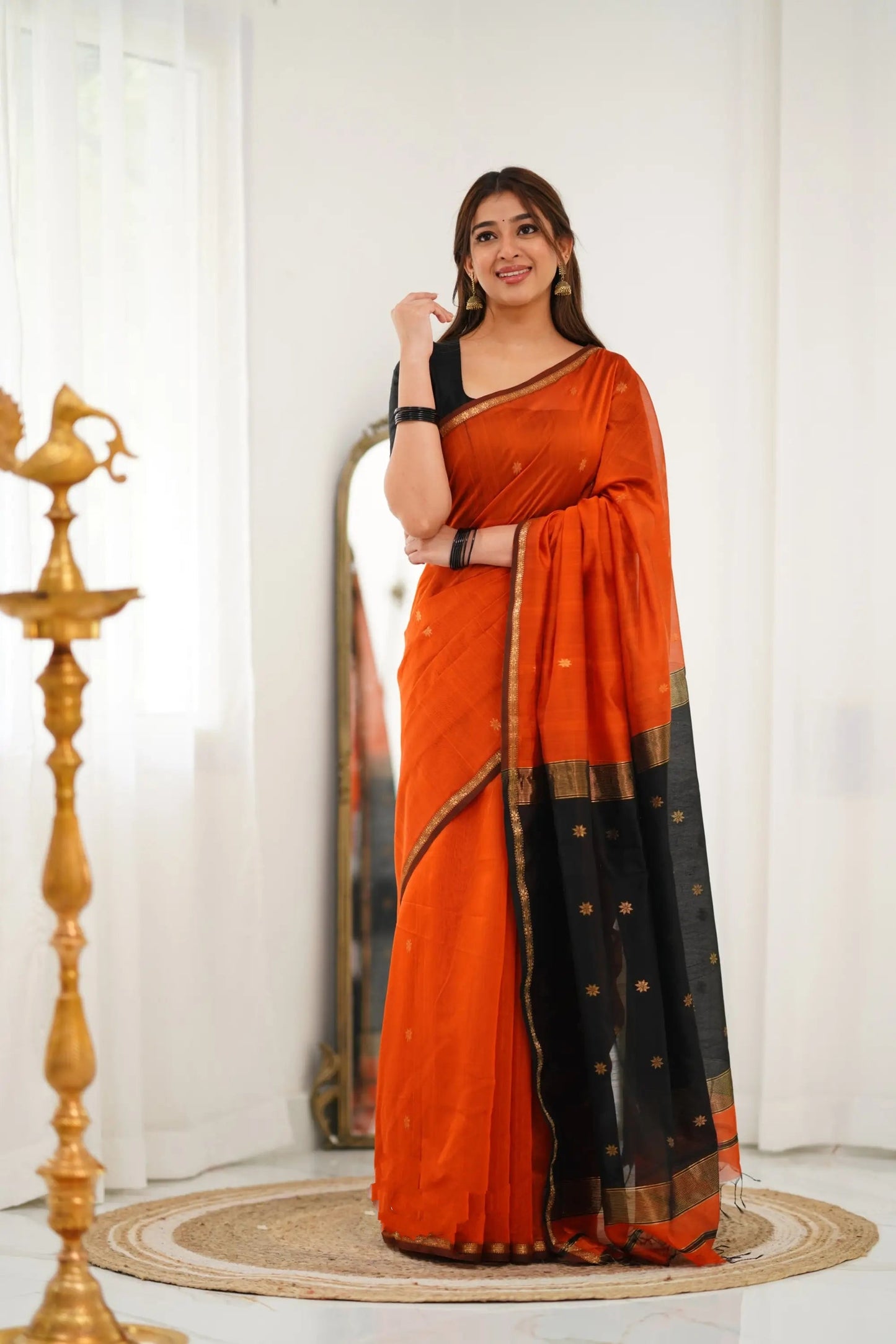 Maheshwari Silk Cotton Saree Orange And Black