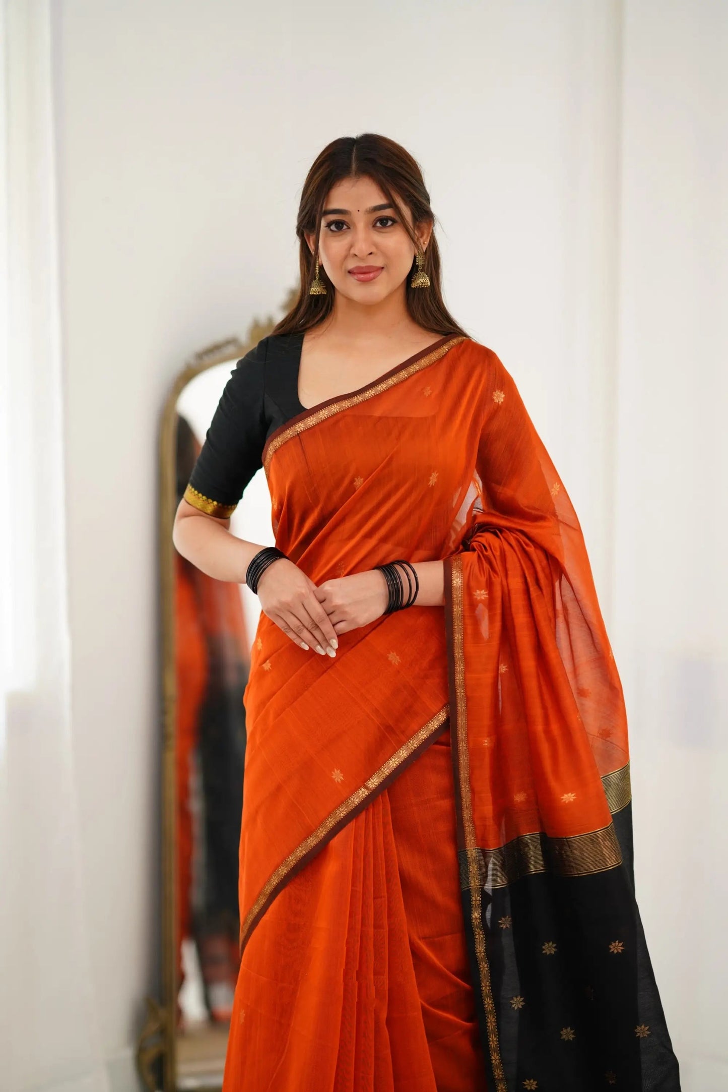 Maheshwari Silk Cotton Saree Orange And Black