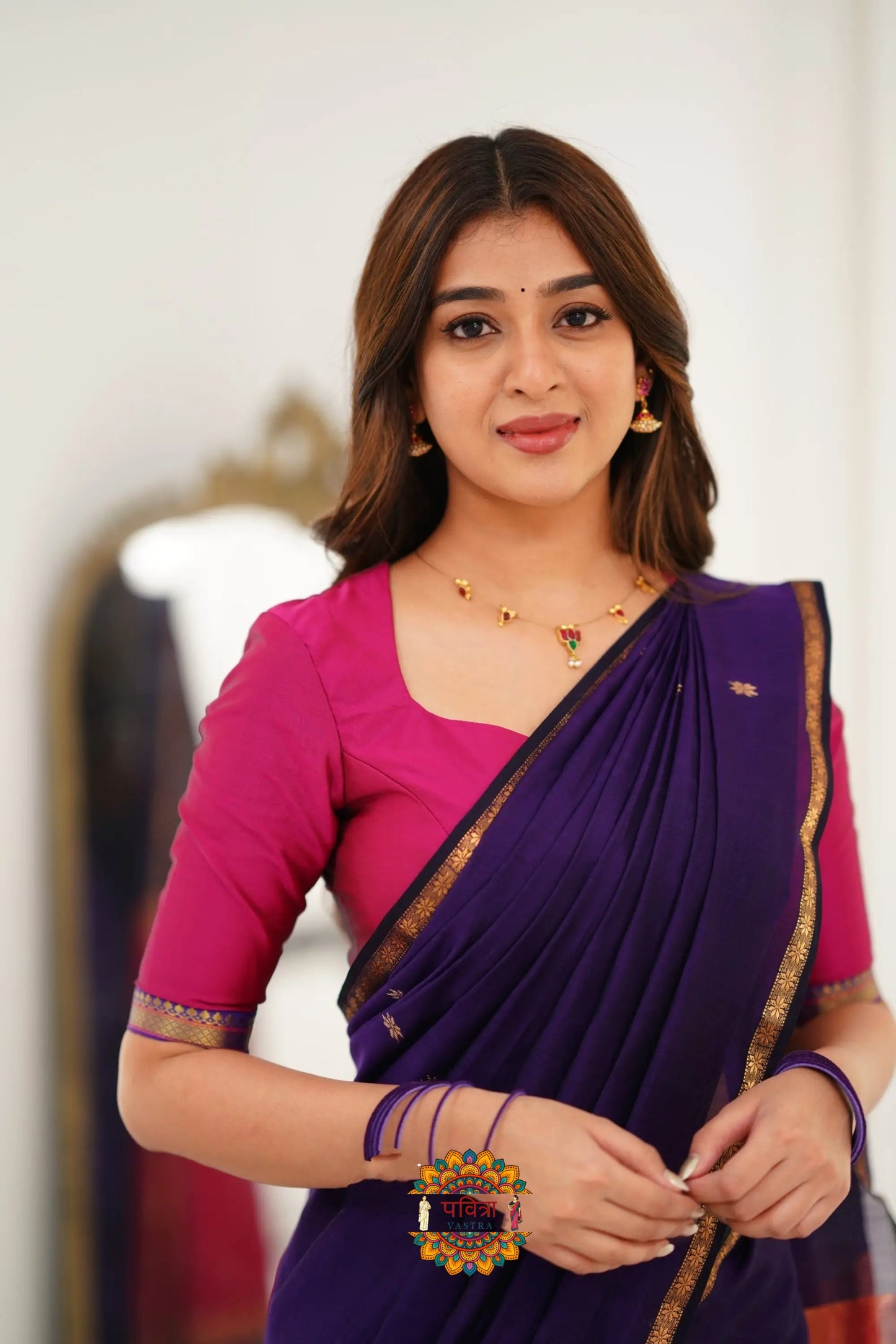 Maheshwari Silk Cotton Saree - Purple And Pink