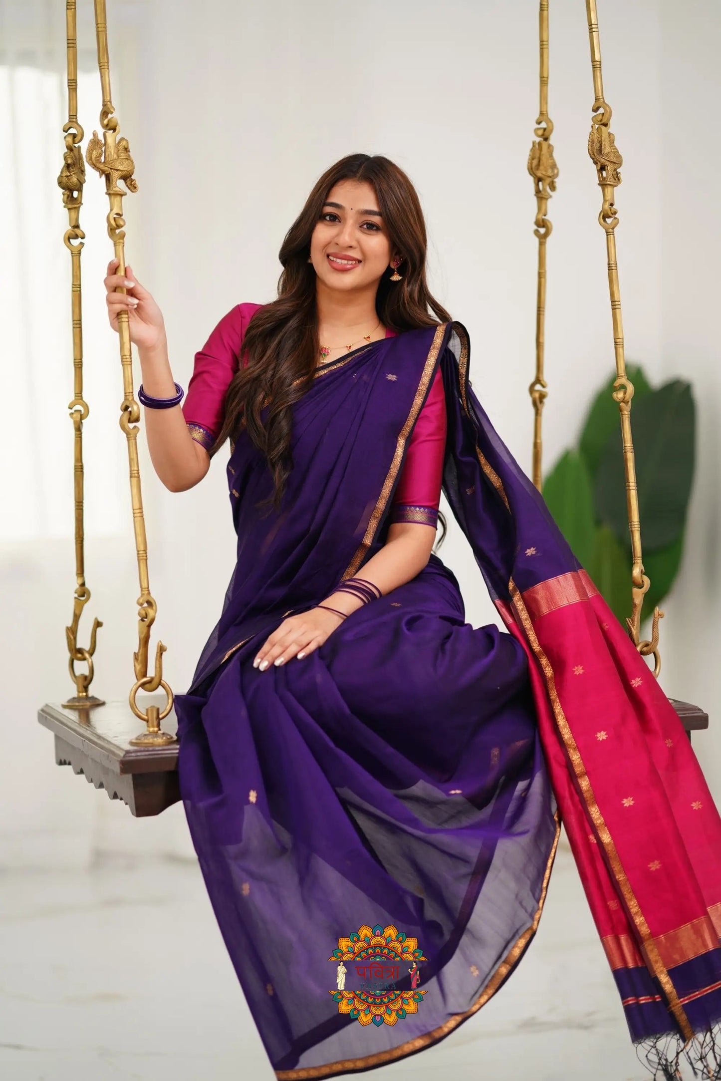 Maheshwari Silk Cotton Saree - Purple And Pink