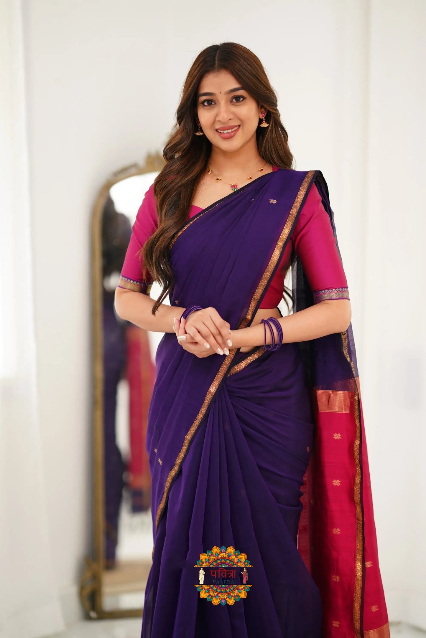 Maheshwari Silk Cotton Saree - Purple And Pink