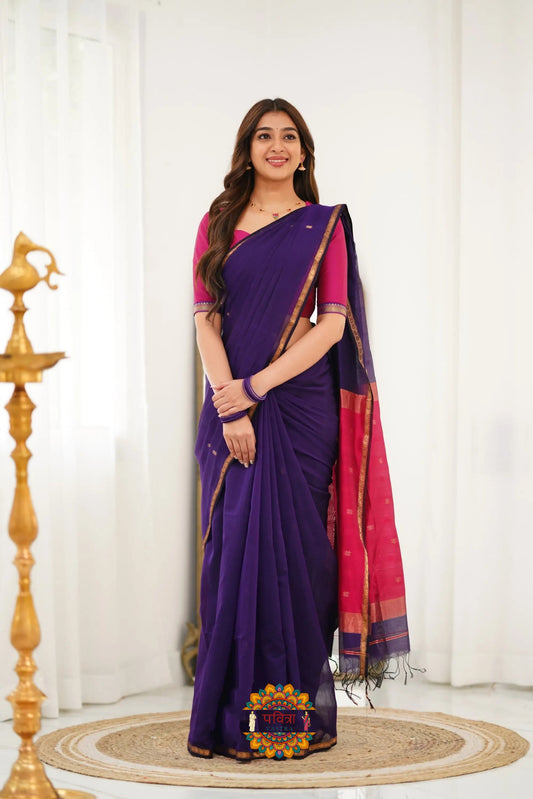 Maheshwari Silk Cotton Saree - Purple And Pink