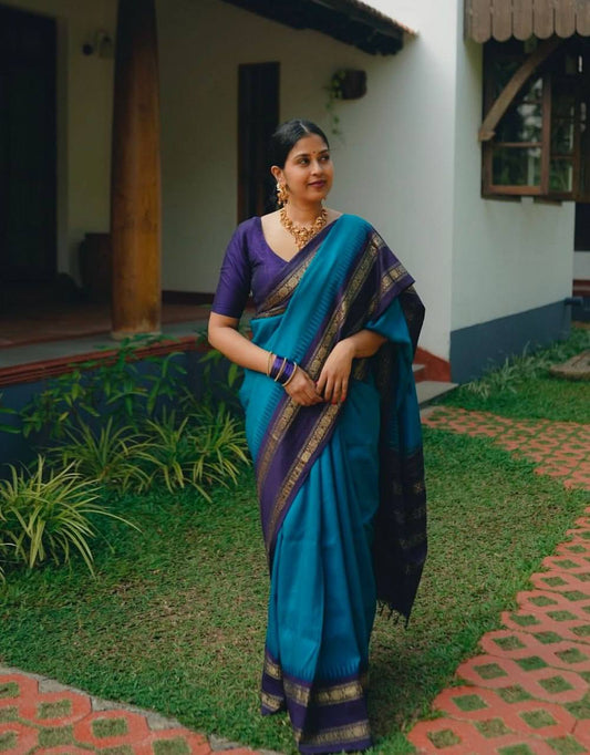 Woven Banarasi Jacquard Saree  (Blue)