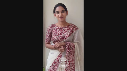 White Linen Saree with Red Border and Elephant Block Prints