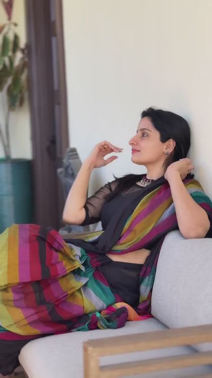 Digital Print Handloom Pure Linen Cotton Saree  (Black)