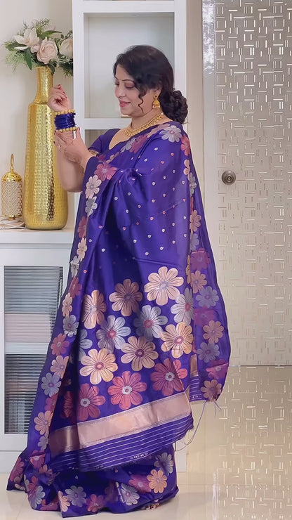 Blue Ellegance Soft Silk Gold Copper Saree With Blouse