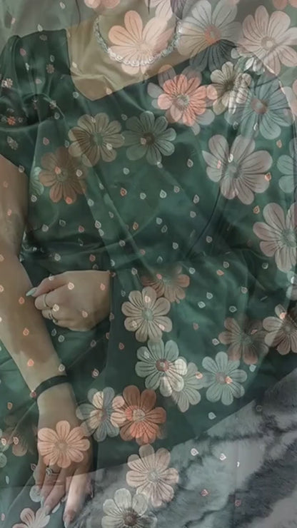 Mehndi Green Ellegance Soft Silk Gold Copper Saree With Blouse