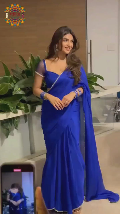 Sreeleela Blue Georgette Saree - Elegant Faux Georgette Blumming Saree With Matching Blouse