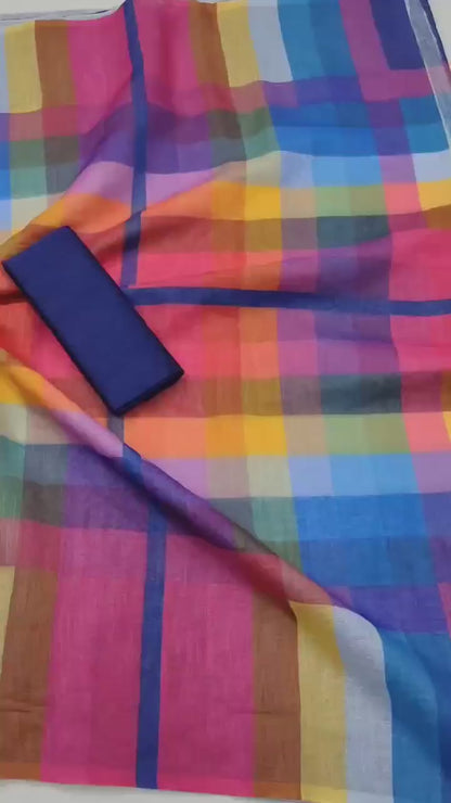 Digital Print Handloom Pure Linen Cotton Saree (Blue)