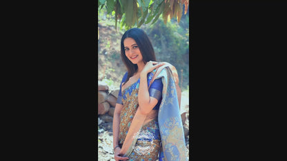 Vibrant Yellow & Royal Blue Mysore Silk Saree with Ikat-Inspired Geometric Pallu