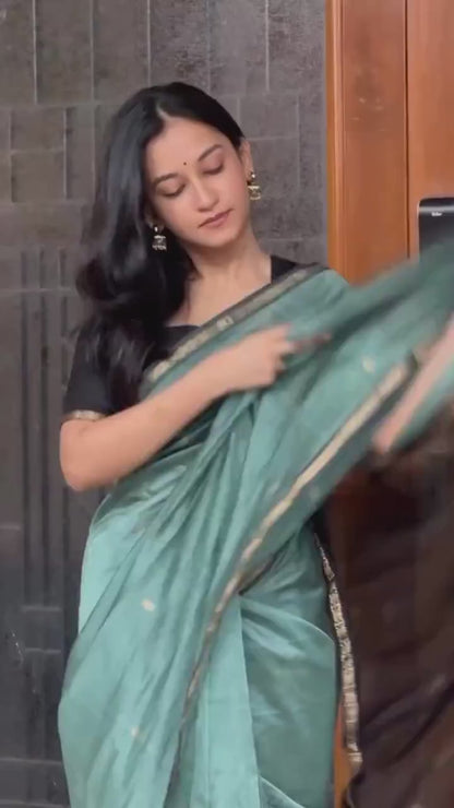 Maheshwari Silk Cotton Saree - Dull Teal Green And Black