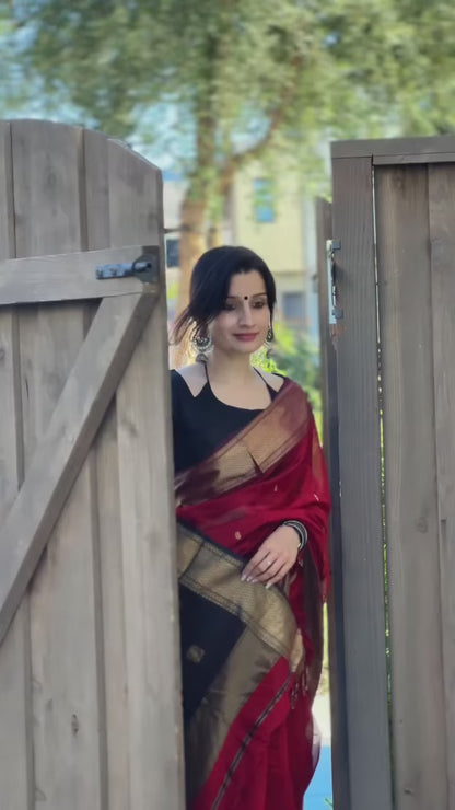 Maheshwari Silk Cotton Saree Red And Black