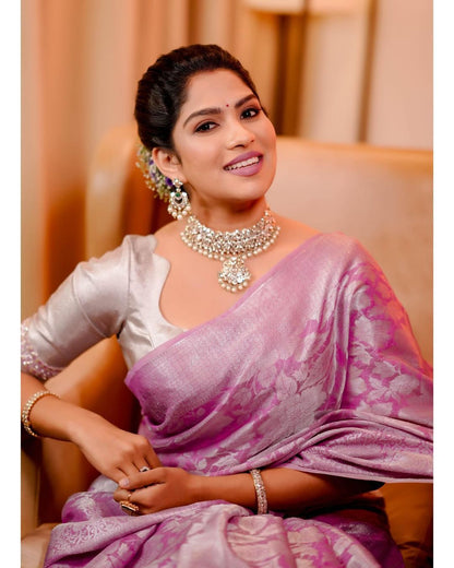 Pink Kanjivaramsoft Lichi Silk Cloth With Original Silver Zari Saree With Unstitched Blouse Piece For Women