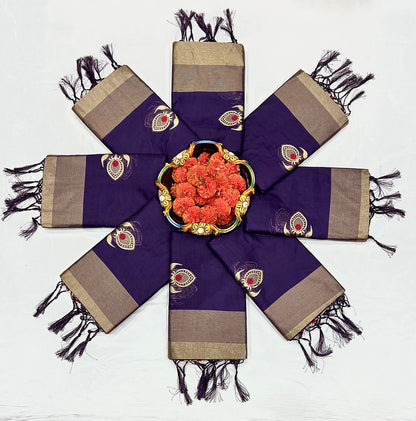 Violet Violet Soft Kanjivaram Linen Cotton Silk Traditional Saree With Attach Unstitched Blouse Piece
