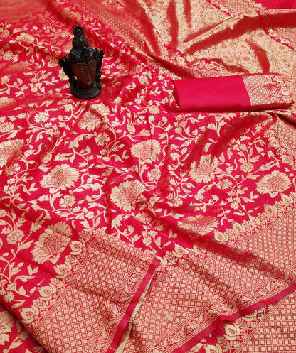 Red Indian Wear Banarasi Cotton And Silk Blended Saree With Unstitching Blouse Piece For Women