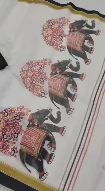 Classic White Linen Saree With Elephant Motif Border & Blouse Pieace