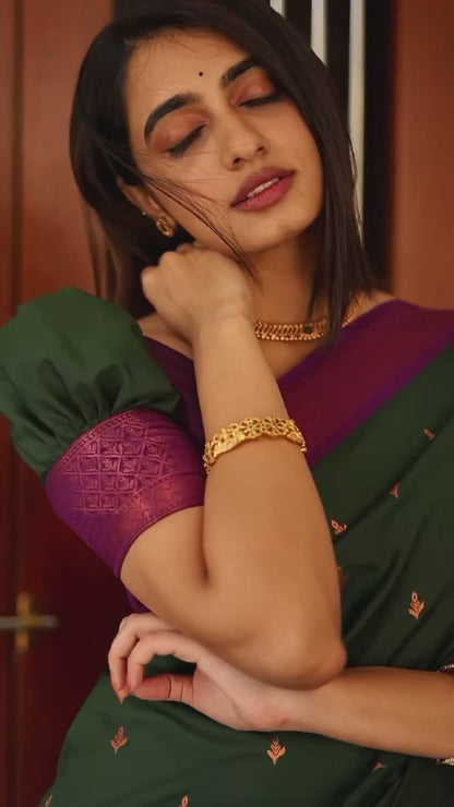 Dark Green Present Banarasi Soft Lichi Silk Saree Beautiful Jacquard Rich Pallu Design Work Zari Woven Kanjivaram Silk Style Saree With Soft Lichi Silk Blouse Piece Ayn Royal Dark Green Butti