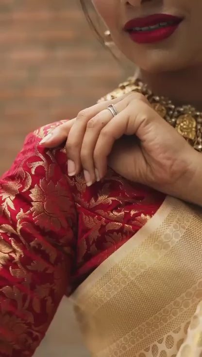 Cream Golden Soft Lichi Silk Cloth Saree With Unstitched Blouse Piece For Women