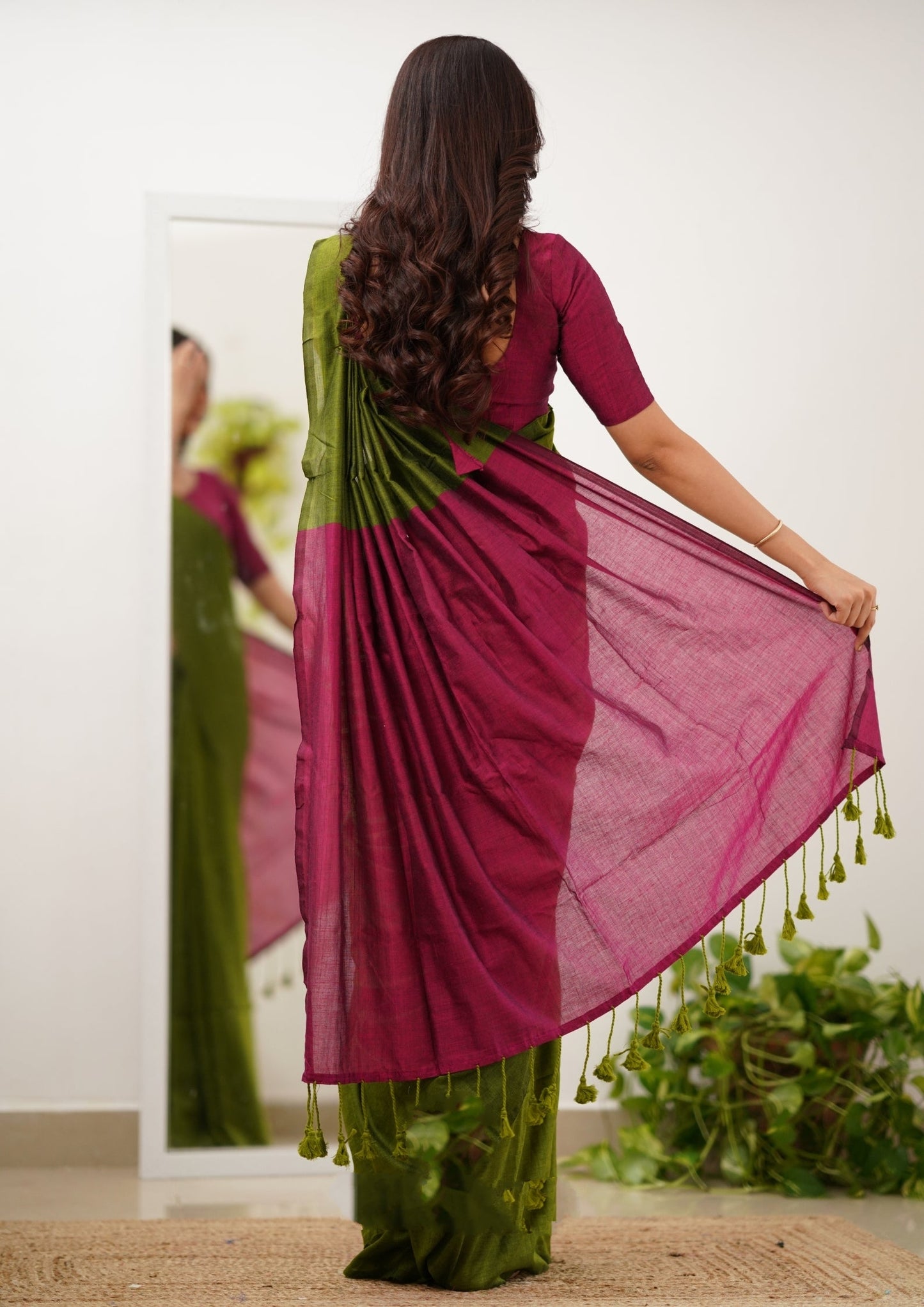 Pink & Mehndi Handloom Cotton Saree
