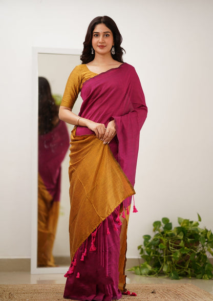 Pink & Mustard Handloom Cotton Saree