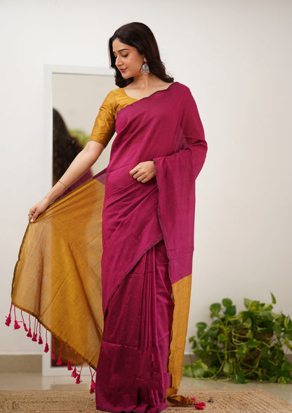 Pink & Mustard Handloom Cotton Saree